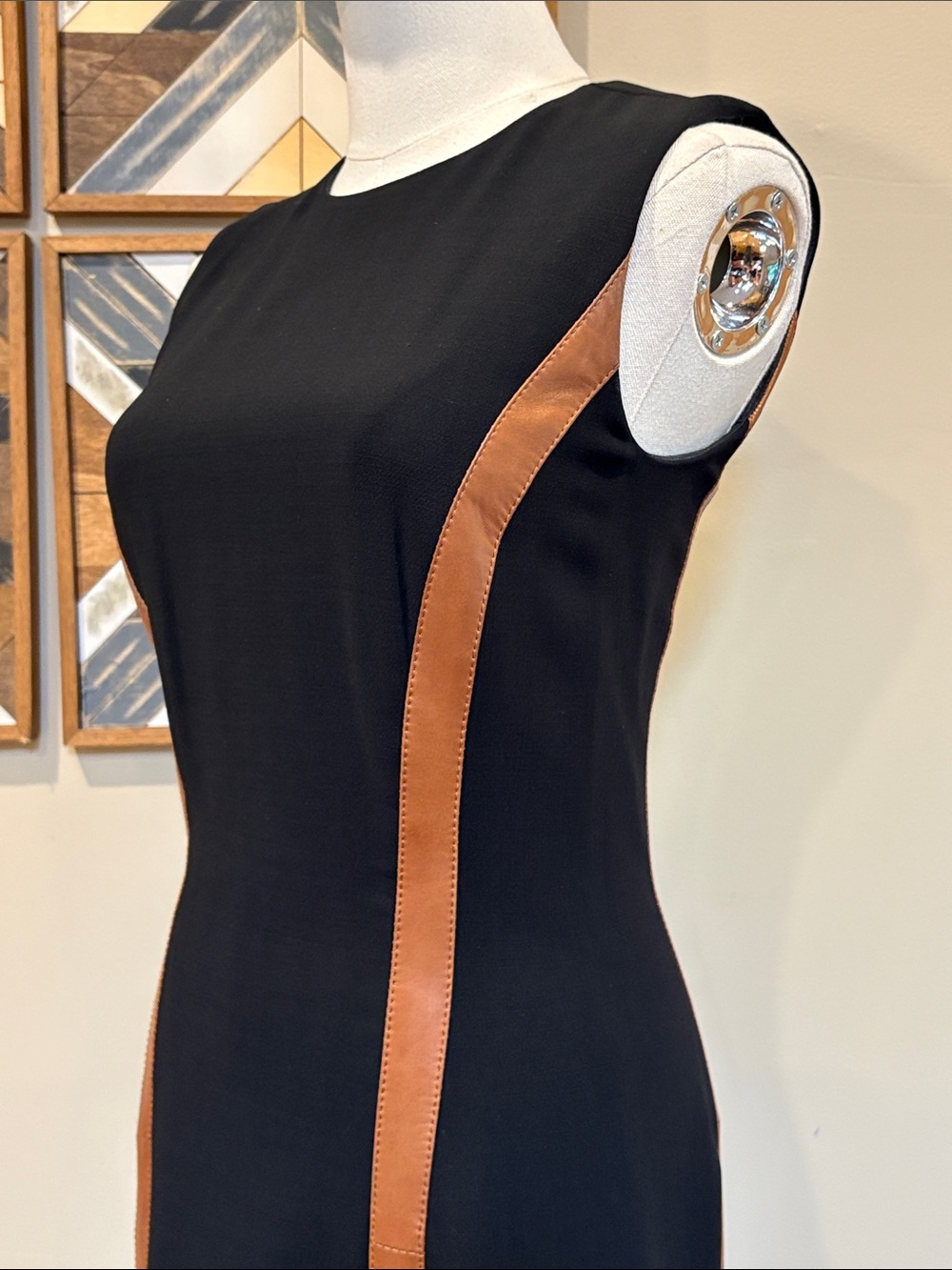 Ralph Lauren Collection Caitlin Black Sleeveless Tan Leather Detail Dress size 0 - Picture 4 of 14